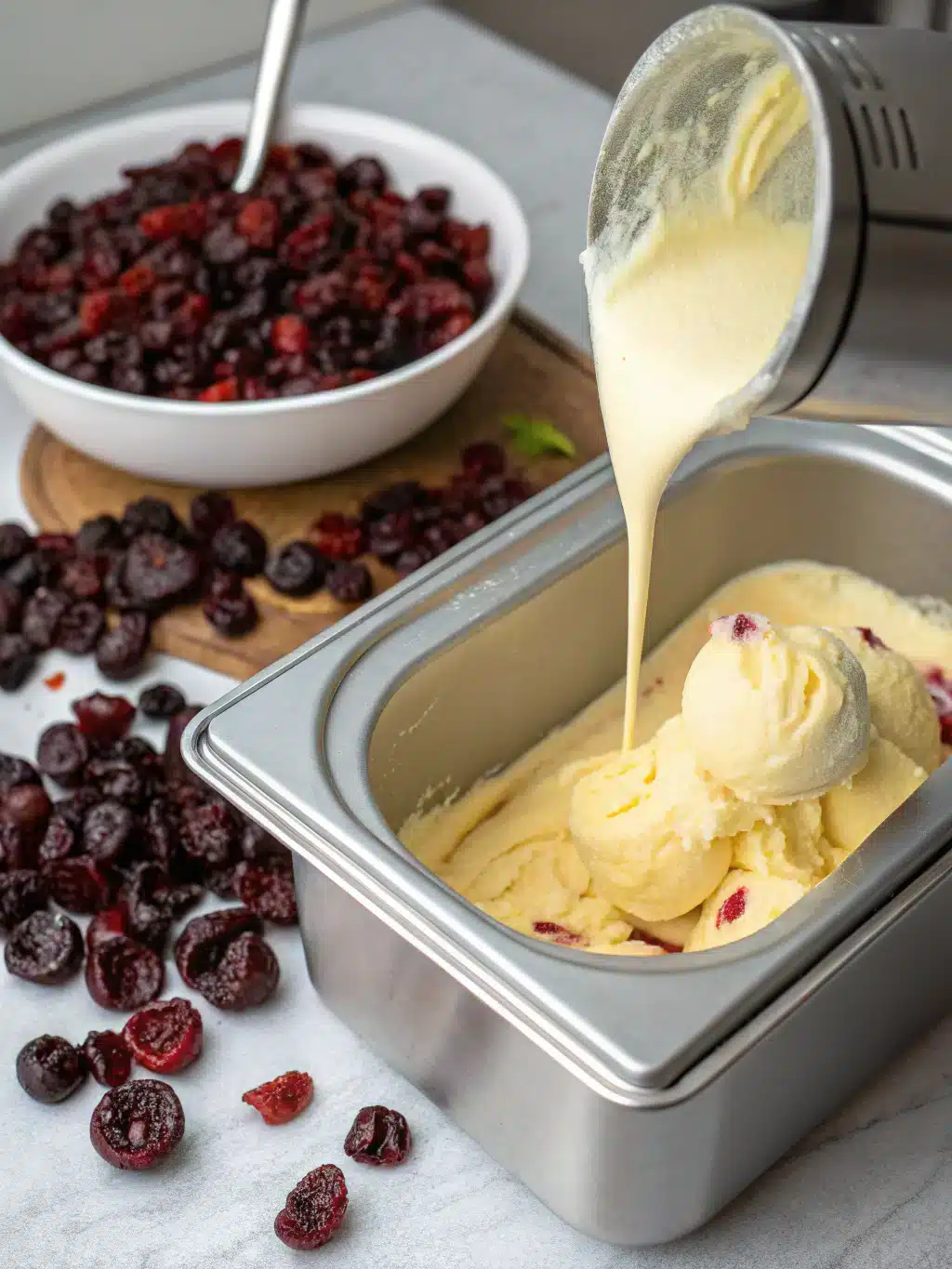 Scoop of finished lemon cherry ice cream with cherry garnish