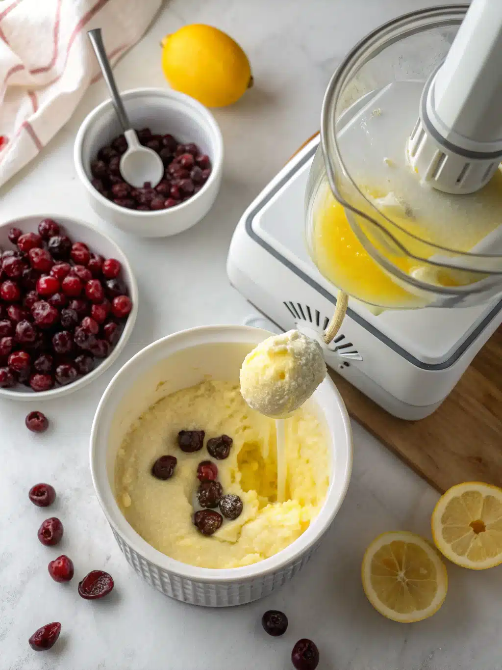 Scoops of finished lemon cherry sherbet in bowls