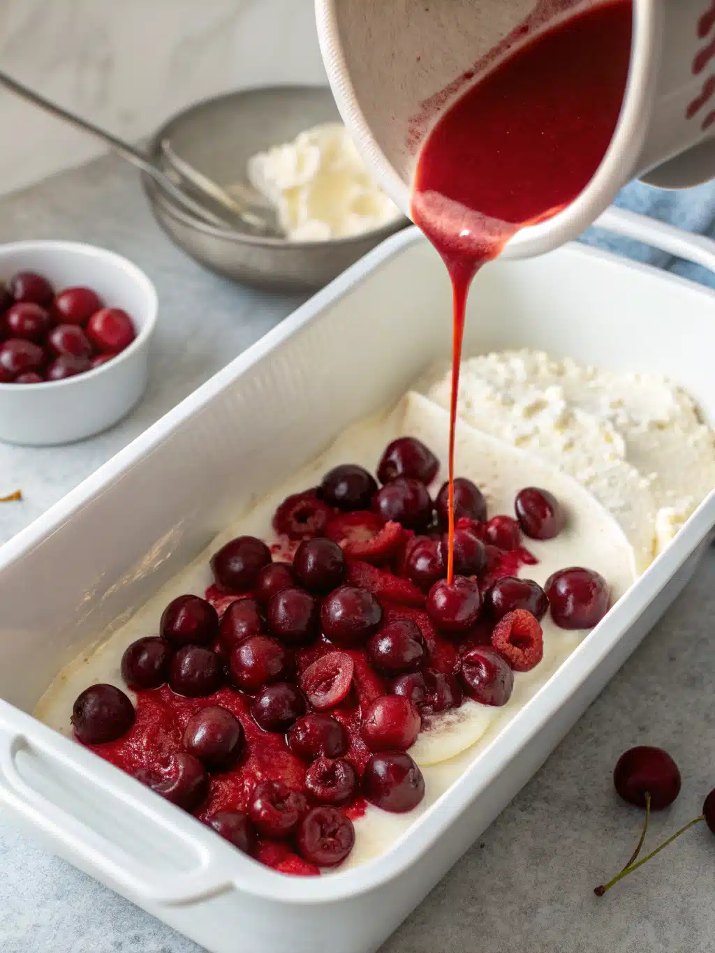 Scoop of finished lemon cherry sorbet in a bowl