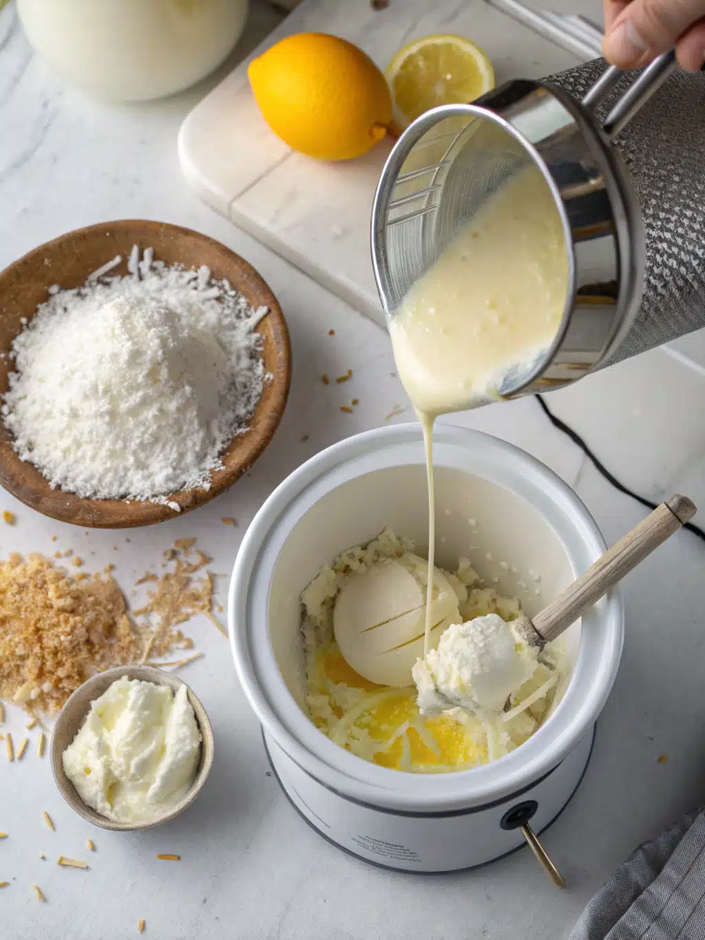 Scoops of finished lemon coconut gelato in a bowl