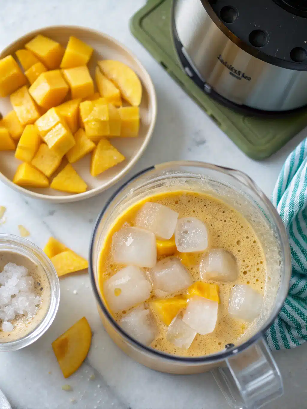 Finished mango mint smoothie in a glass with mint garnish