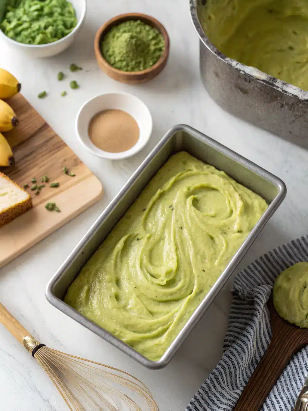 Sliced matcha banana bread on a plate