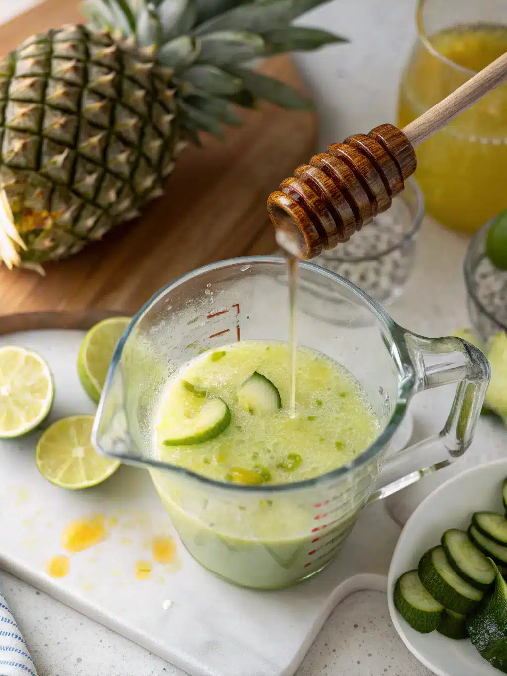 Refreshing finished drink Glass of pineapple cucumber juice with ice and lime garnish