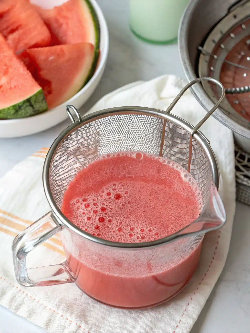 Tall glass of watermelon basil juice with condensation and basil garnish