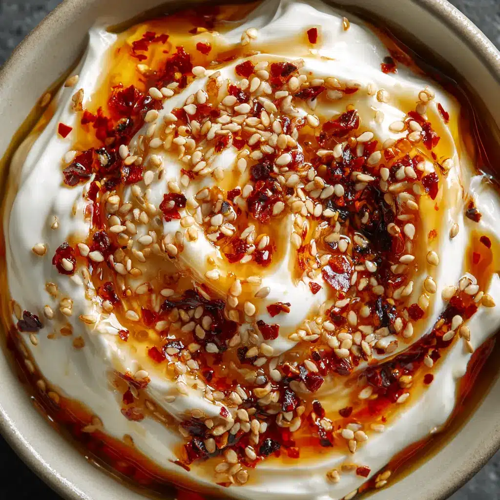 Garnishing chili crisp Greek yogurt dip with sesame seeds and cilantro