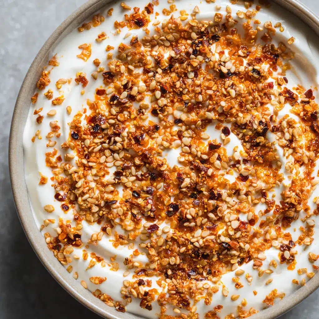 Serving chili crisp Greek yogurt dip with a variety of fresh vegetables and pita bread