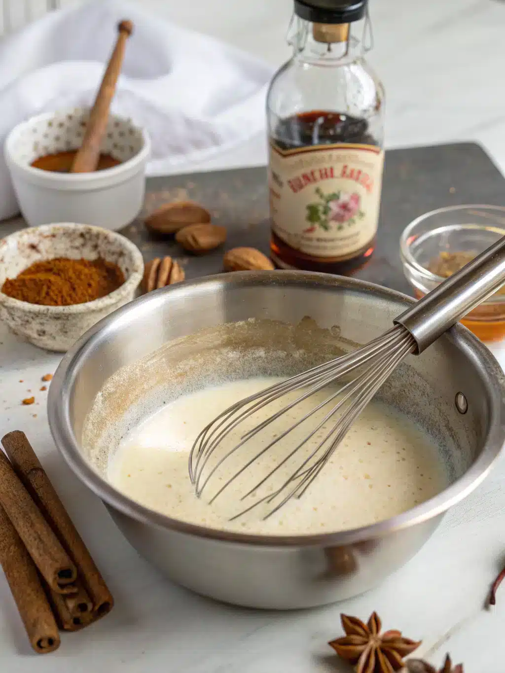 Pouring spiced almond milk mixture into a blender for Brazilian Mounjaro Drink Recipe