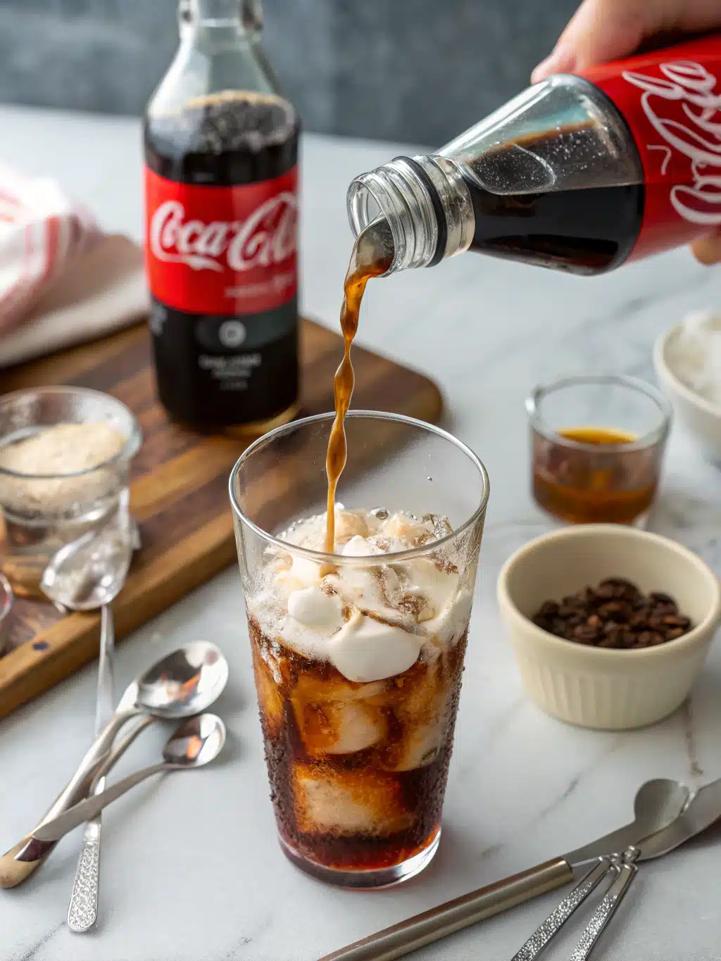 Adding cream to dirty soda recipe in a glass