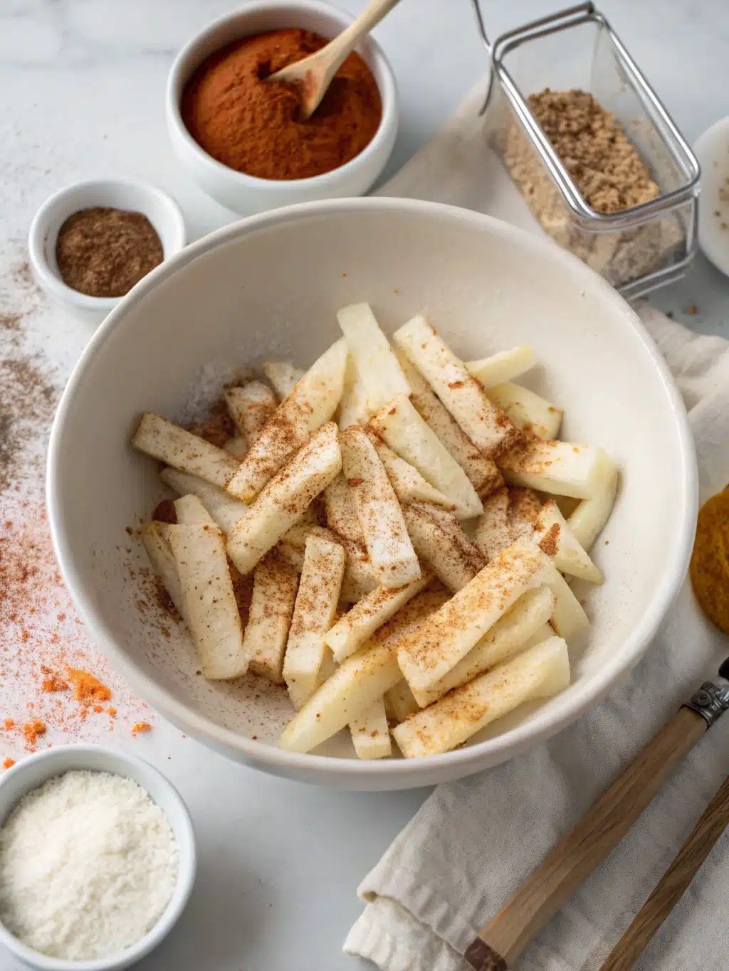 Seasoned jicama fries dusted with cornstarch