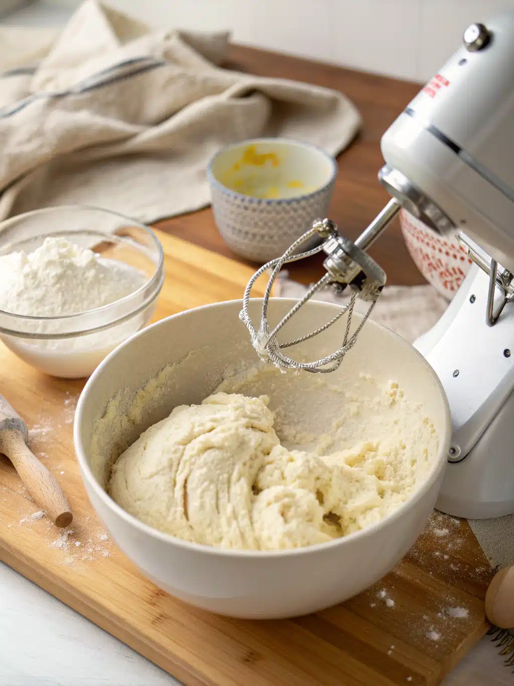Dough for soft dinner rolls rising in a greased bowl covered with a towel
