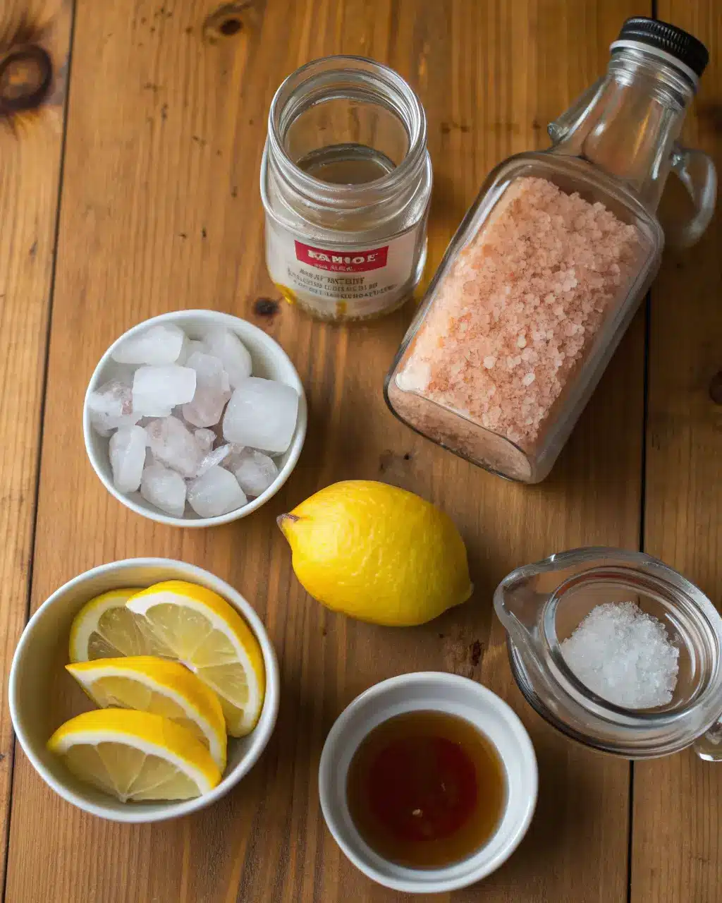 Ingredients for pink Himalayan salt drink recipes including water, salt, lemon, and maple syrup
