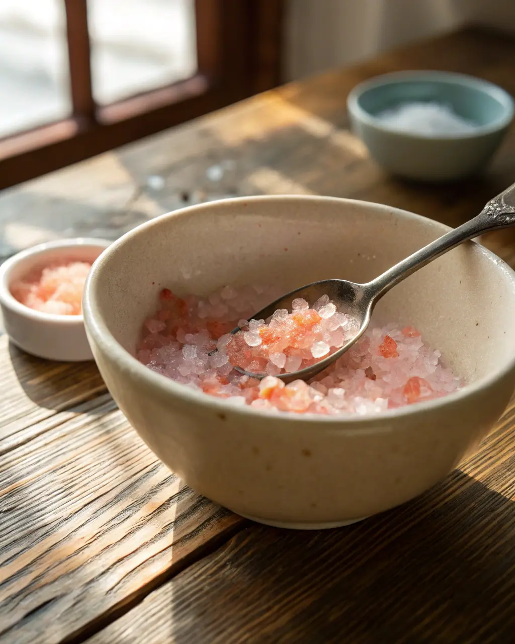 Mixing lemon juice and maple syrup into pink Himalayan salt water
