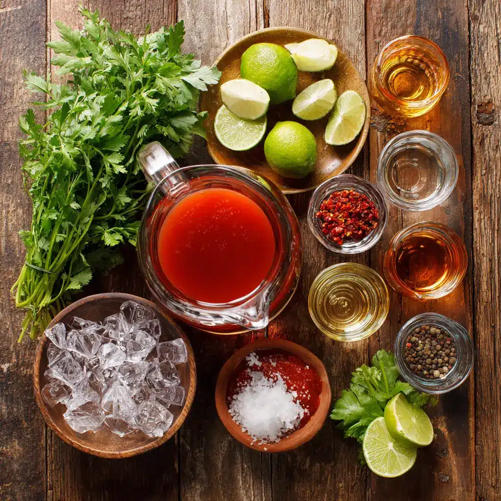 Ingredients for vampiros mexicanos cocktail recipe laid out on a table