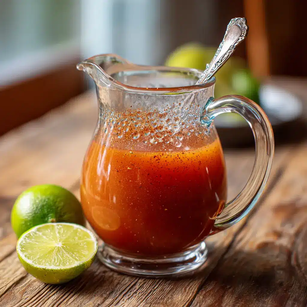 Mixing ingredients for vampiros mexicanos cocktail recipe in a pitcher