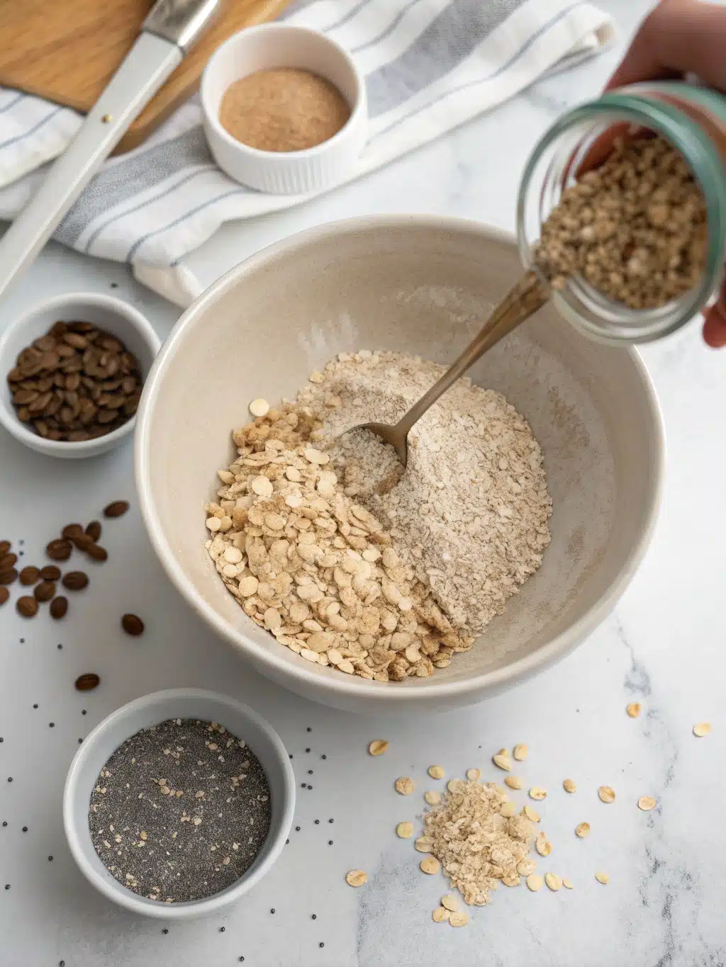 Combining Oats and Milk Mixing wet and dry ingredients for Cookie Dough Overnight Oats in a glass bowl