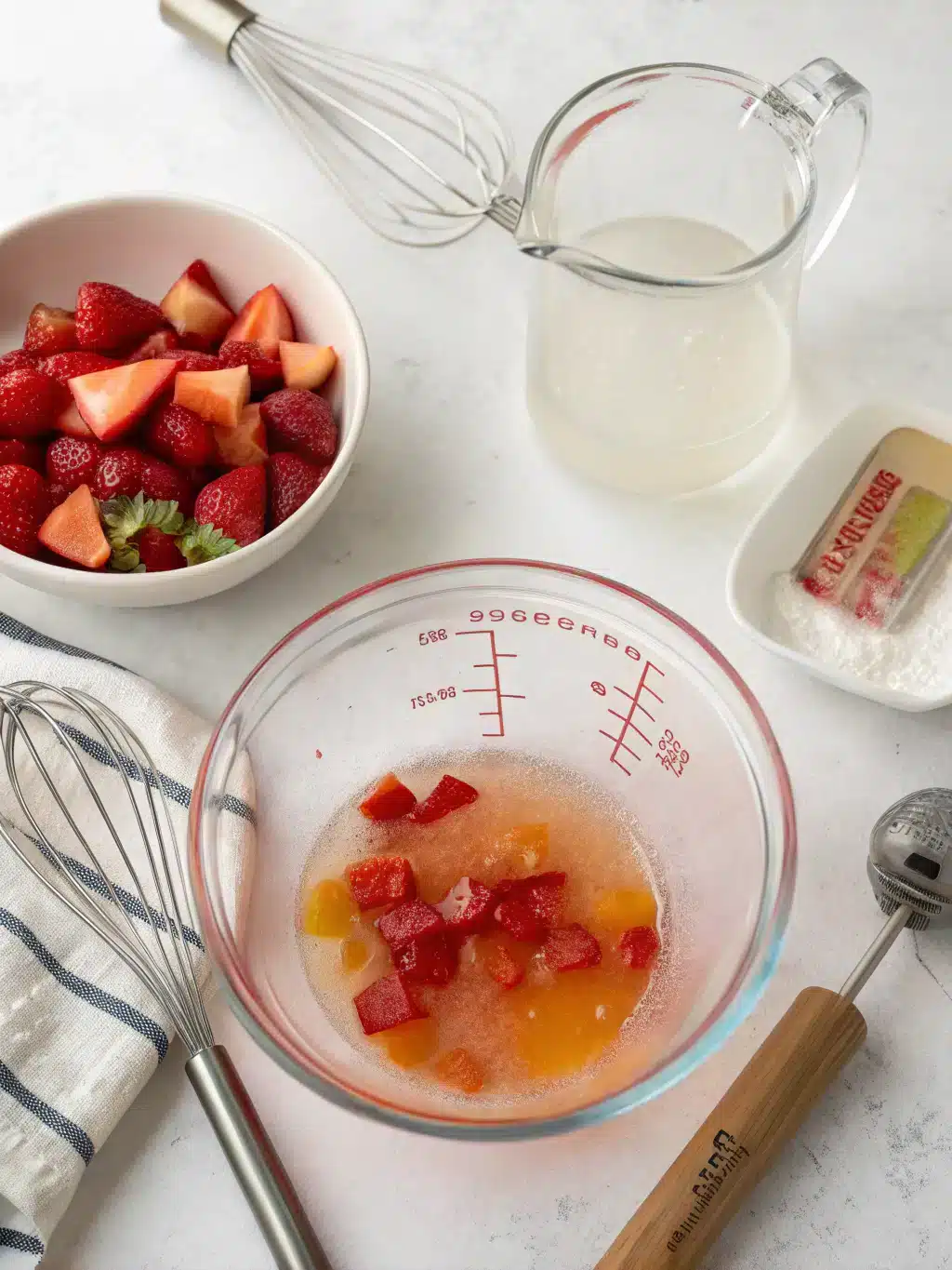 Mixing Japan jelly soda weight loss ingredients in a glass bowl