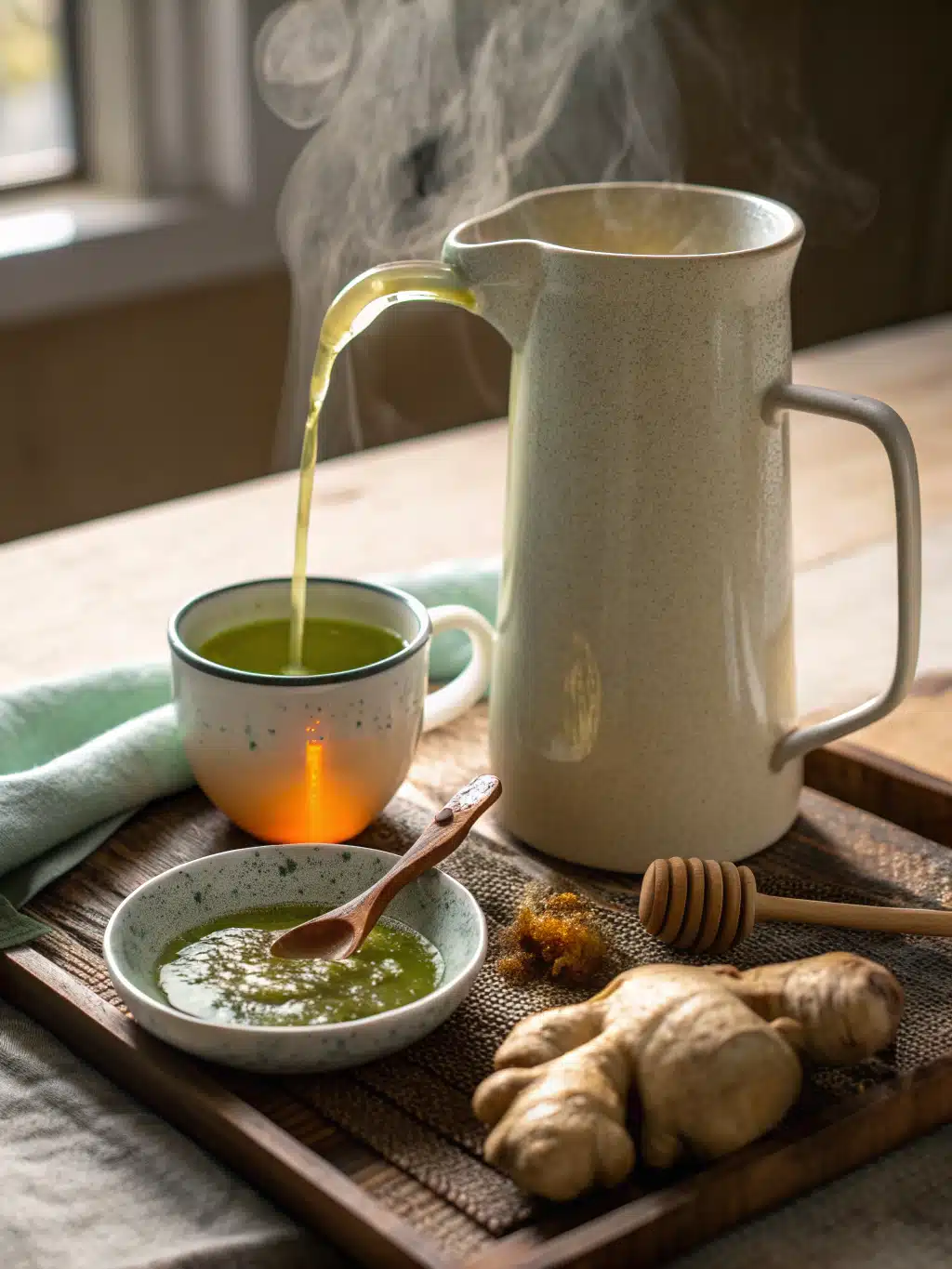 Straining ginger-infused honey for Japanese Mounjaro drink recipe