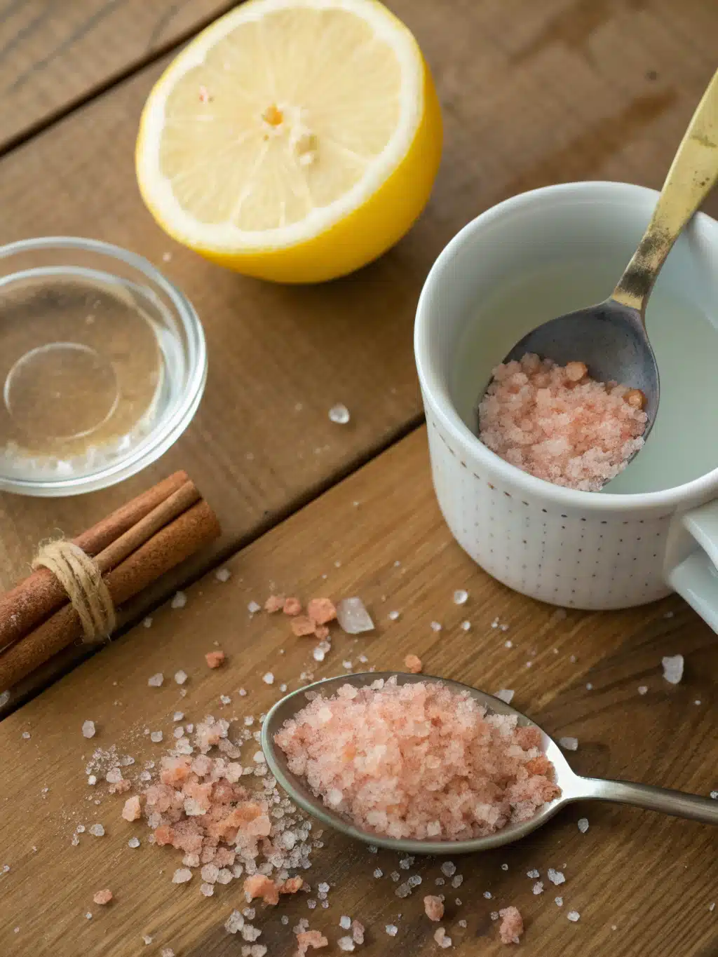 Stirring pink Himalayan salt into warm water