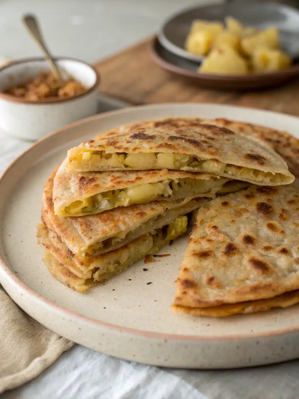 Aloo Paratha served with yogurt, pickles, and fresh herbs on a wooden board