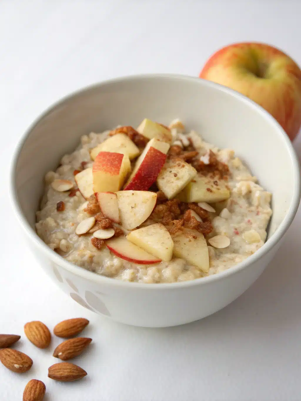 Beautifully Served Overnight Oats Apple Cinnamon Overnight Oats served in a bowl with fresh apple slices and cinnamon stick garnish
