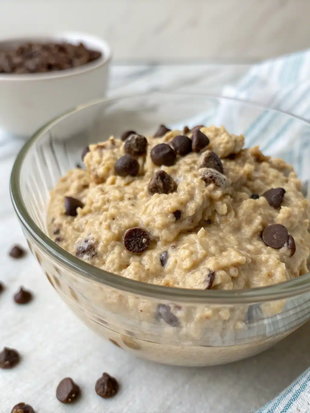 Beautifully Served Overnight Oats Cookie Dough Overnight Oats served in a glass jar with layered berries and almond butter drizzle
