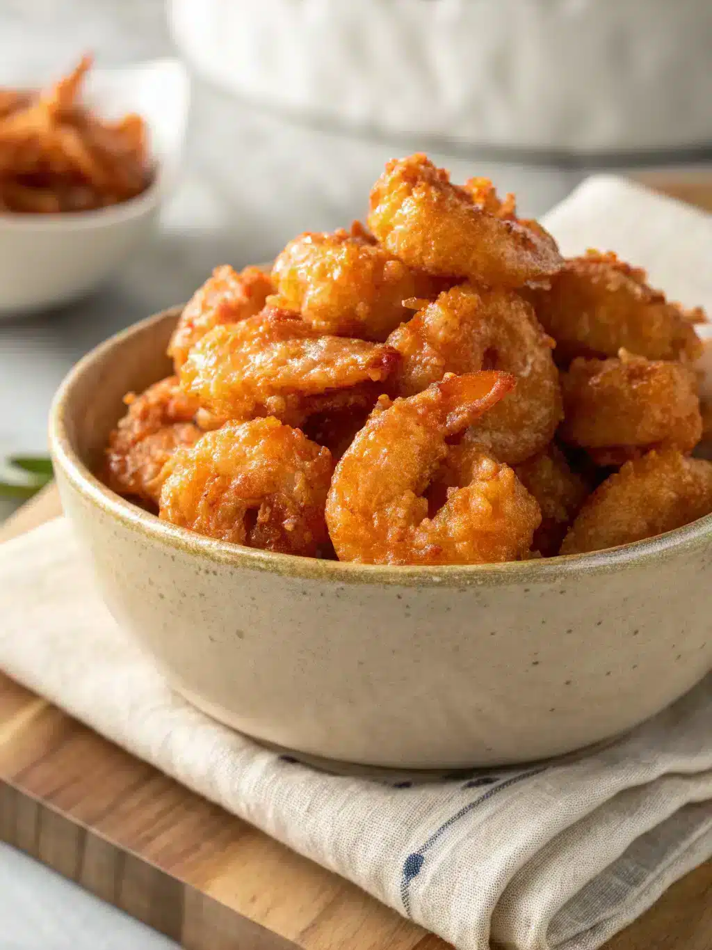 Bang bang shrimp served on a platter with lime wedges and fresh herbs