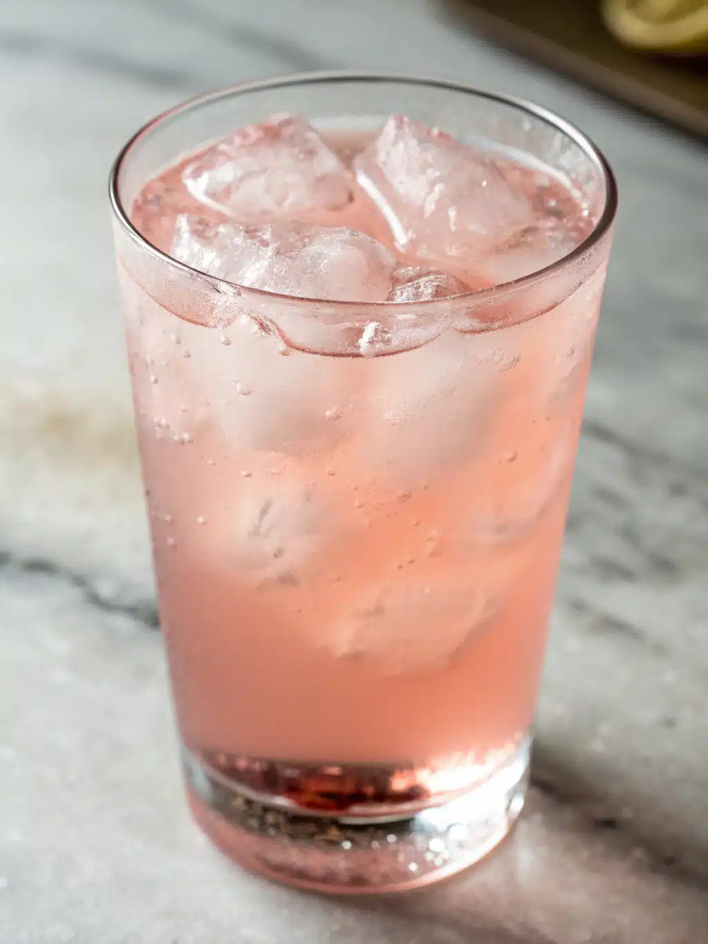 Elegant serving of pink Himalayan salt drink with lemon slices and mint garnish