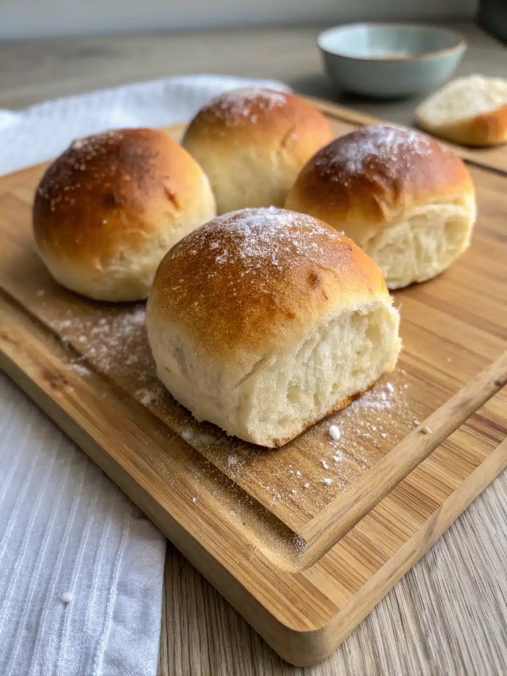 Soft dinner rolls served in a basket with butter and honey on the side