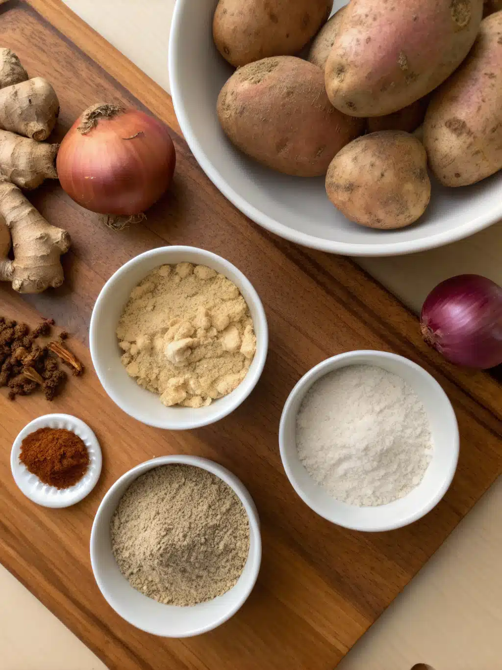 Fresh ingredients for Aloo Paratha including potatoes, flour, and spices