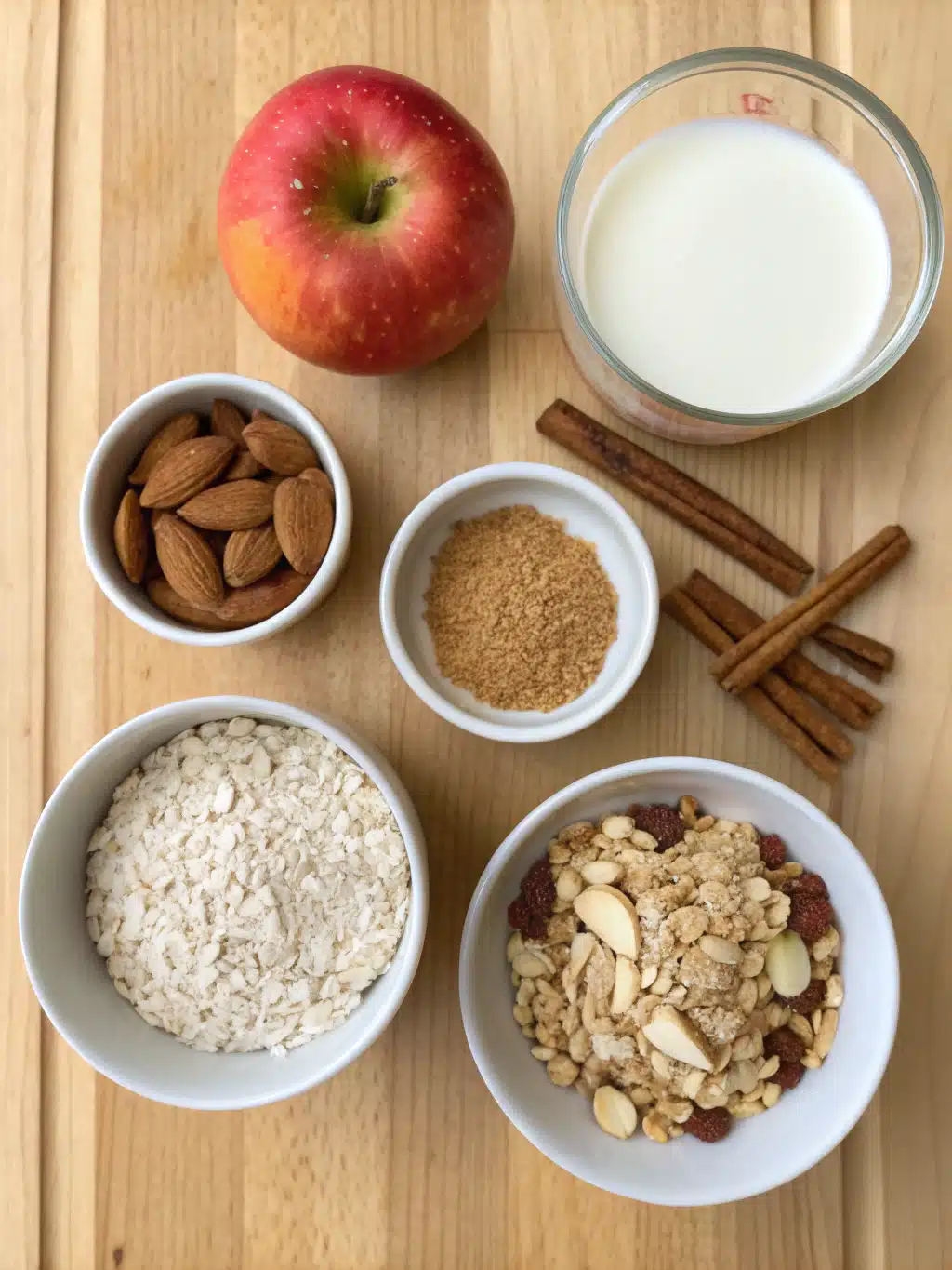 Fresh ingredients for overnight oats Ingredients for Apple Cinnamon Overnight Oats laid out on a wooden table