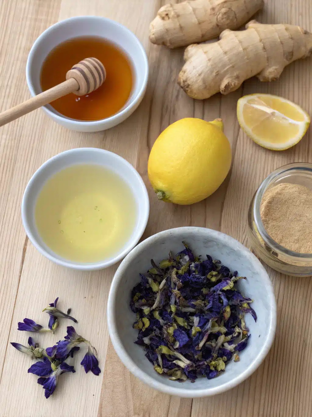 Ingredients for Brazilian Mounjaro Recipe including butterfly pea flowers and lemon