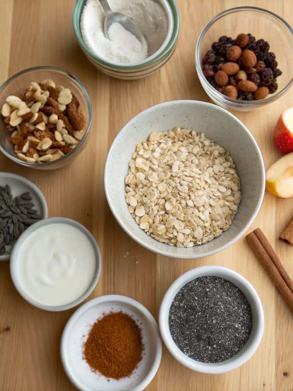 Ingredients for Brown Sugar Overnight Oats laid out on a rustic table
