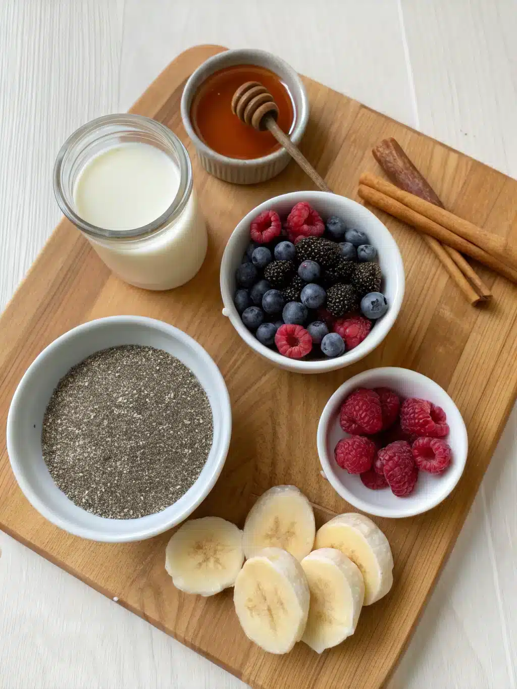 Fresh ingredients for Natural Ozempic Drink Recipe including chia seeds and berries