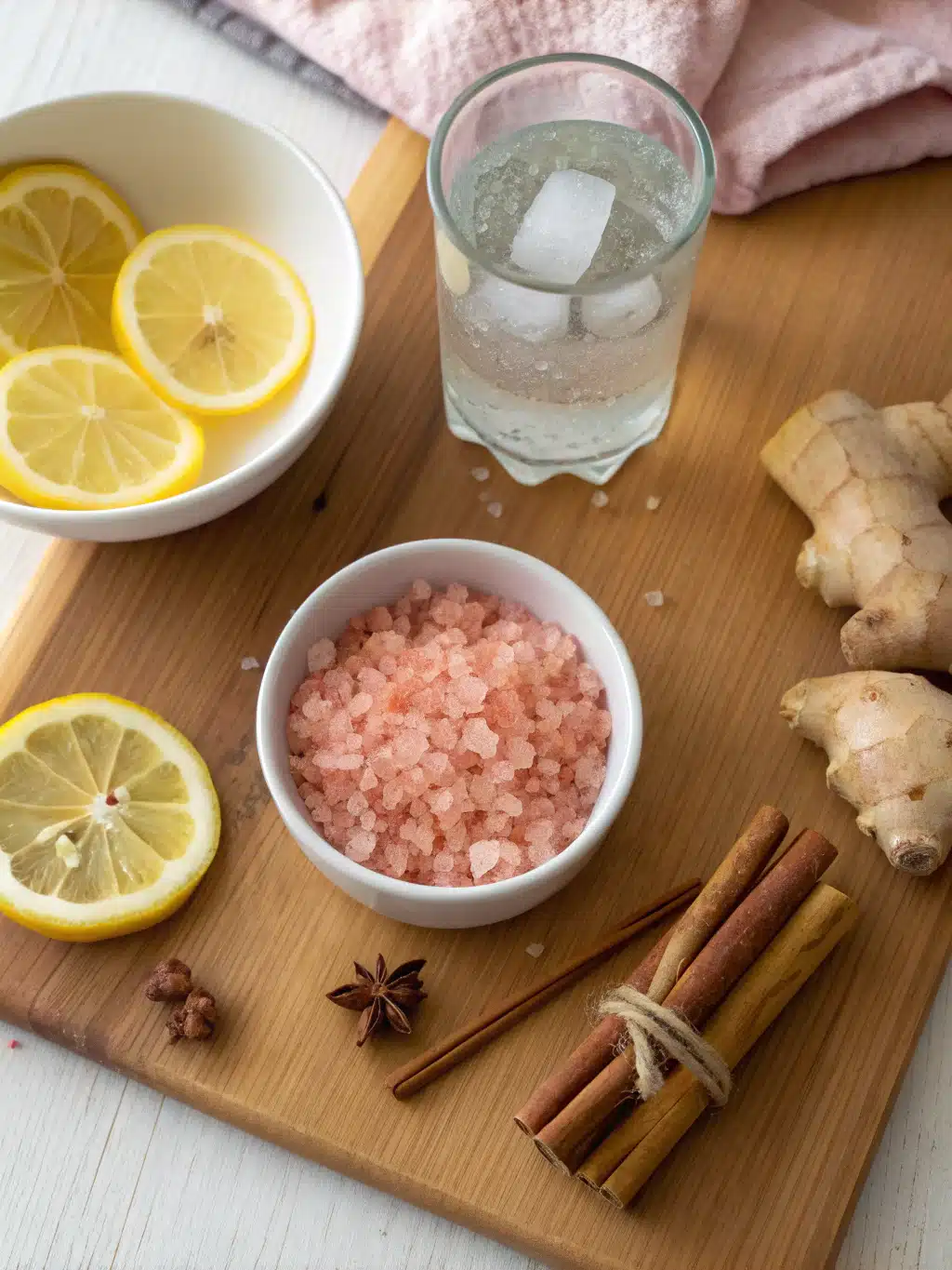 Ingredients for Pink Salt Trick Weight Loss: pink salt, lemon, cinnamon, and water