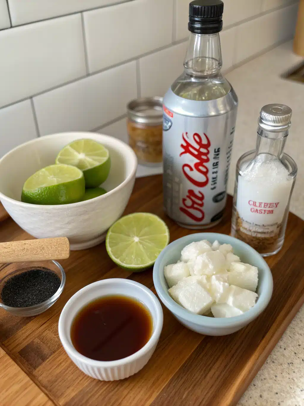 Ingredients for dirty soda recipes including coconut syrup, lime, and Diet Coke