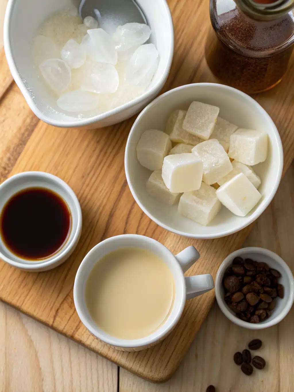 Ingredients for homemade iced latte drink including milk, espresso, and sweetened condensed milk