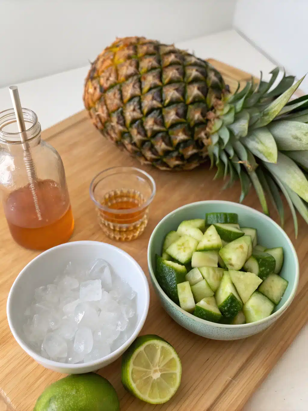 Pineapple, cucumber, lime, and honey for juice Fresh ingredients for pineapple cucumber juice recipe laid out on a wooden table