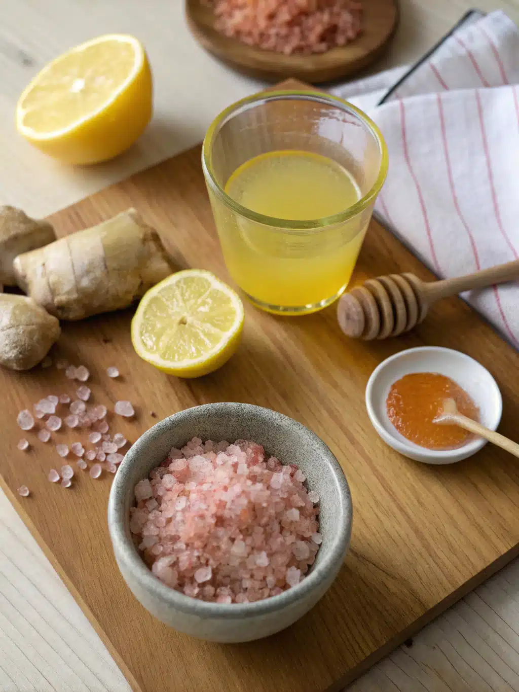 Ingredients for pink Himalayan salt drink: water, salt, lemon, honey, and ginger