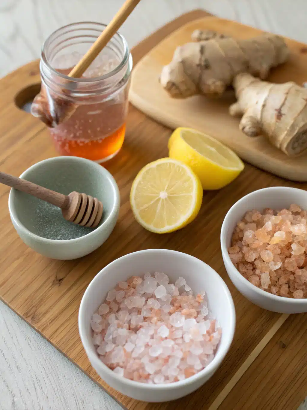 Ingredients for pink salt drink for weight loss laid out on a wooden table
