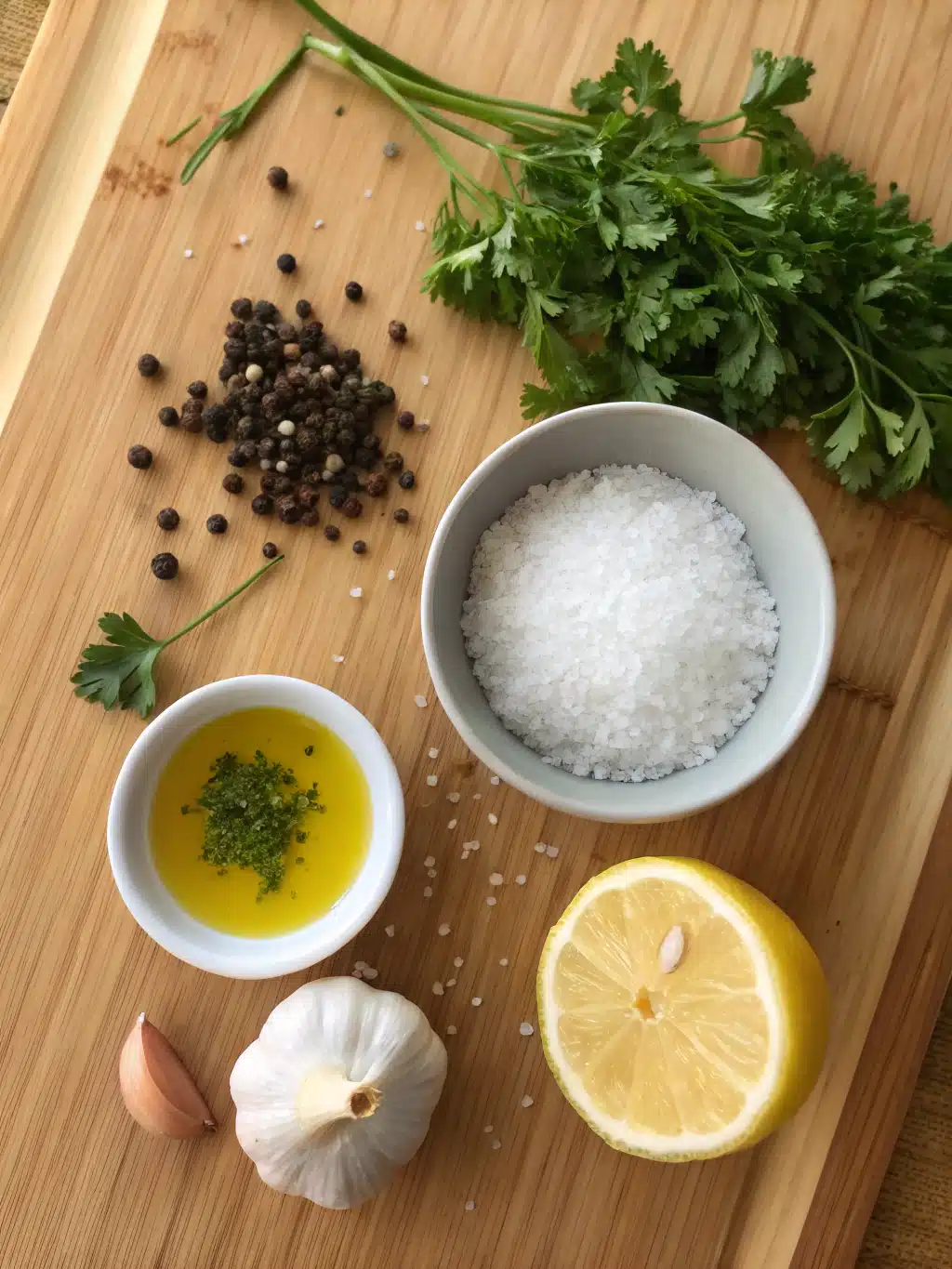Ingredients for pink salt ozempic recipe drink including sea salt, lemon zest, and fresh parsley