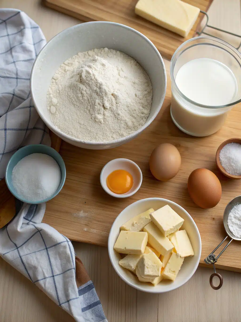 Ingredients arranged for making soft dinner rolls: flour, yeast, milk, butter, and honey