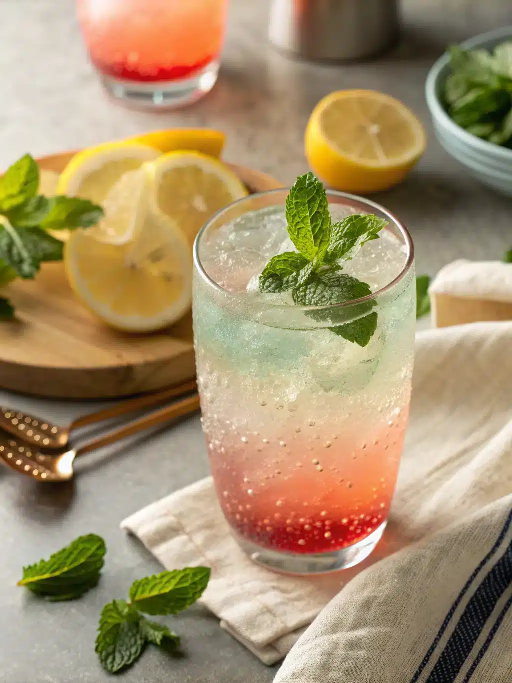 Refreshing Japan jelly soda weight loss drink with strawberry flavor and mint garnish