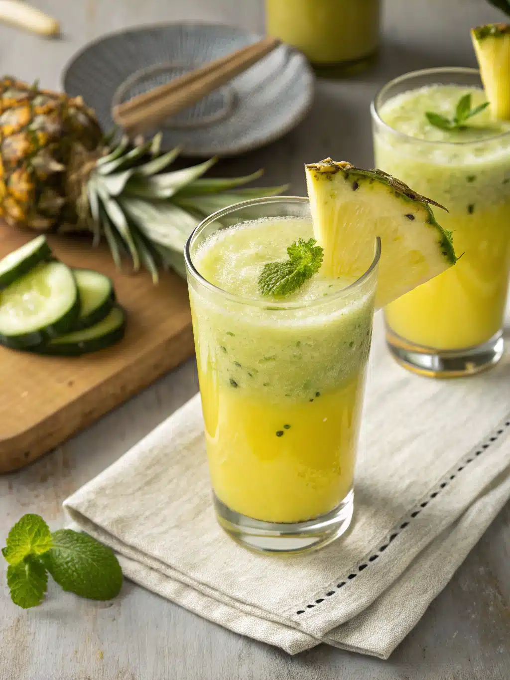 Refreshing pineapple cucumber juice recipe made with ripe pineapple, crisp cucumber, and lime, served over ice for a cool, hydrating drink.