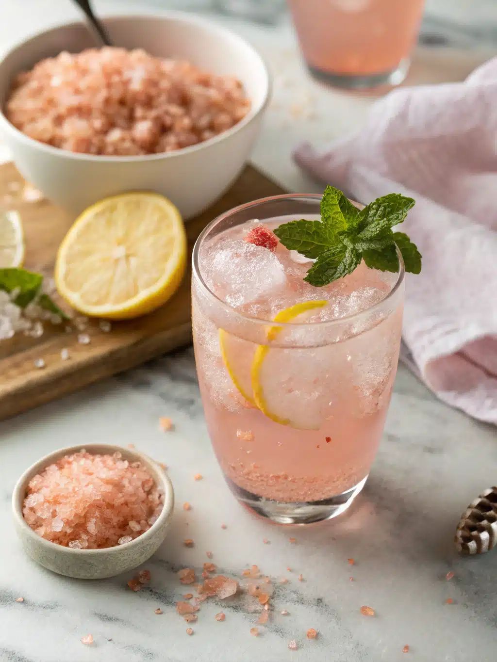 Refreshing pink salt drink for weight loss with lemon and ginger in a glass