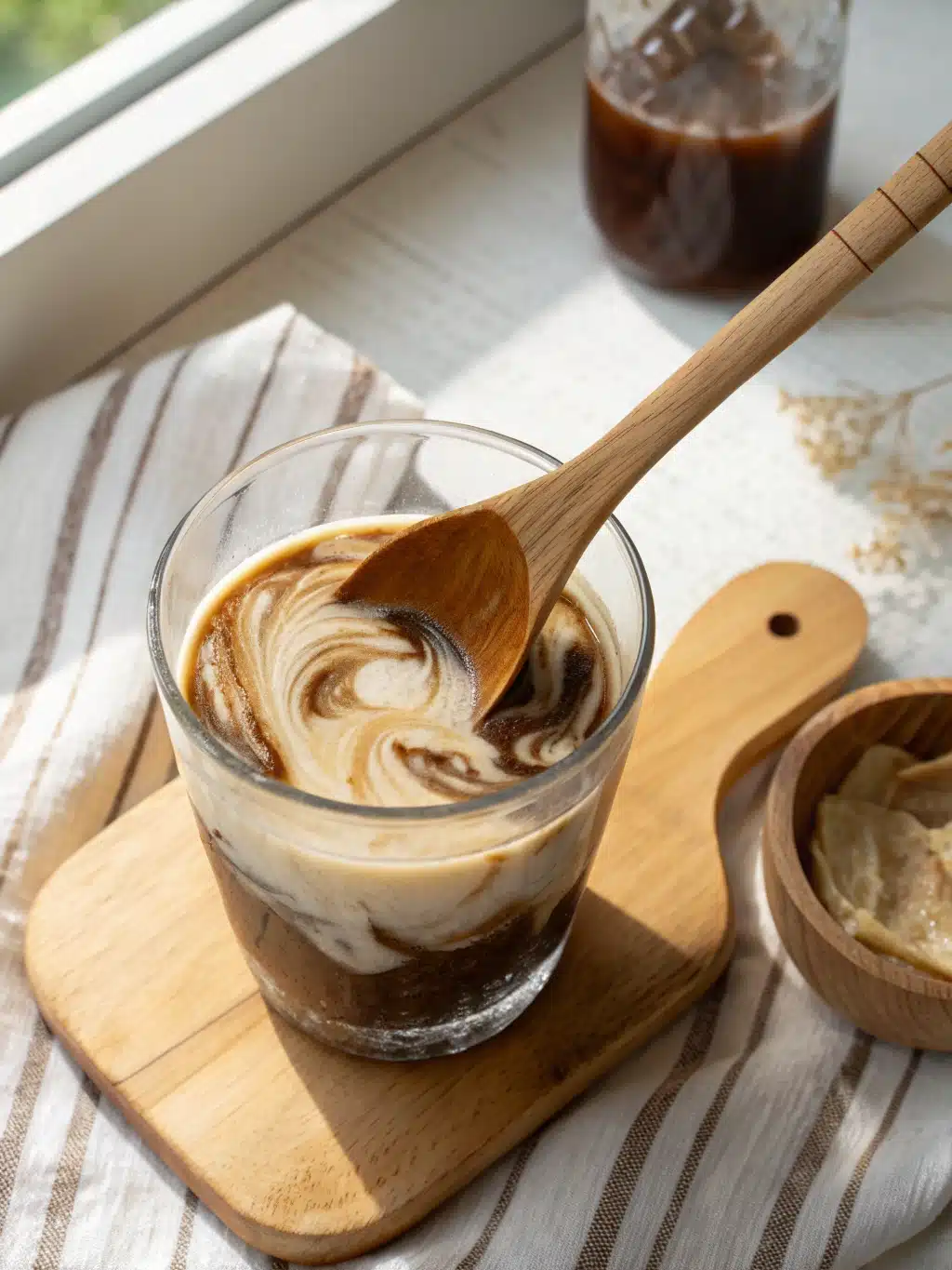 Finished dirty soda recipe with creamy swirls in a tall glass