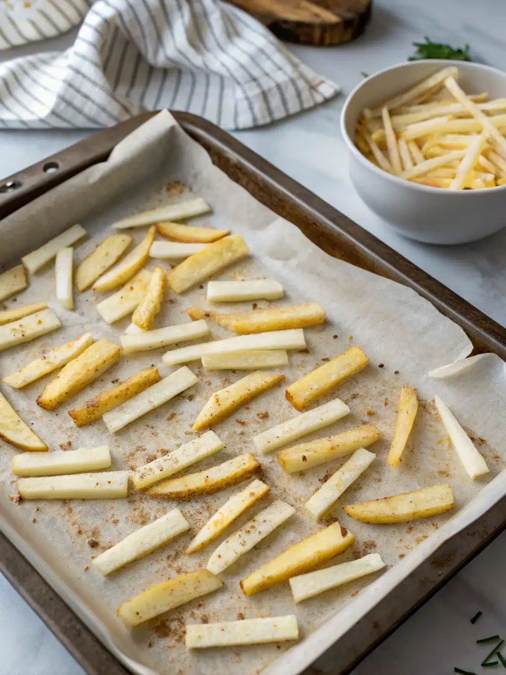 Freshly baked jicama fries with a crispy golden crust