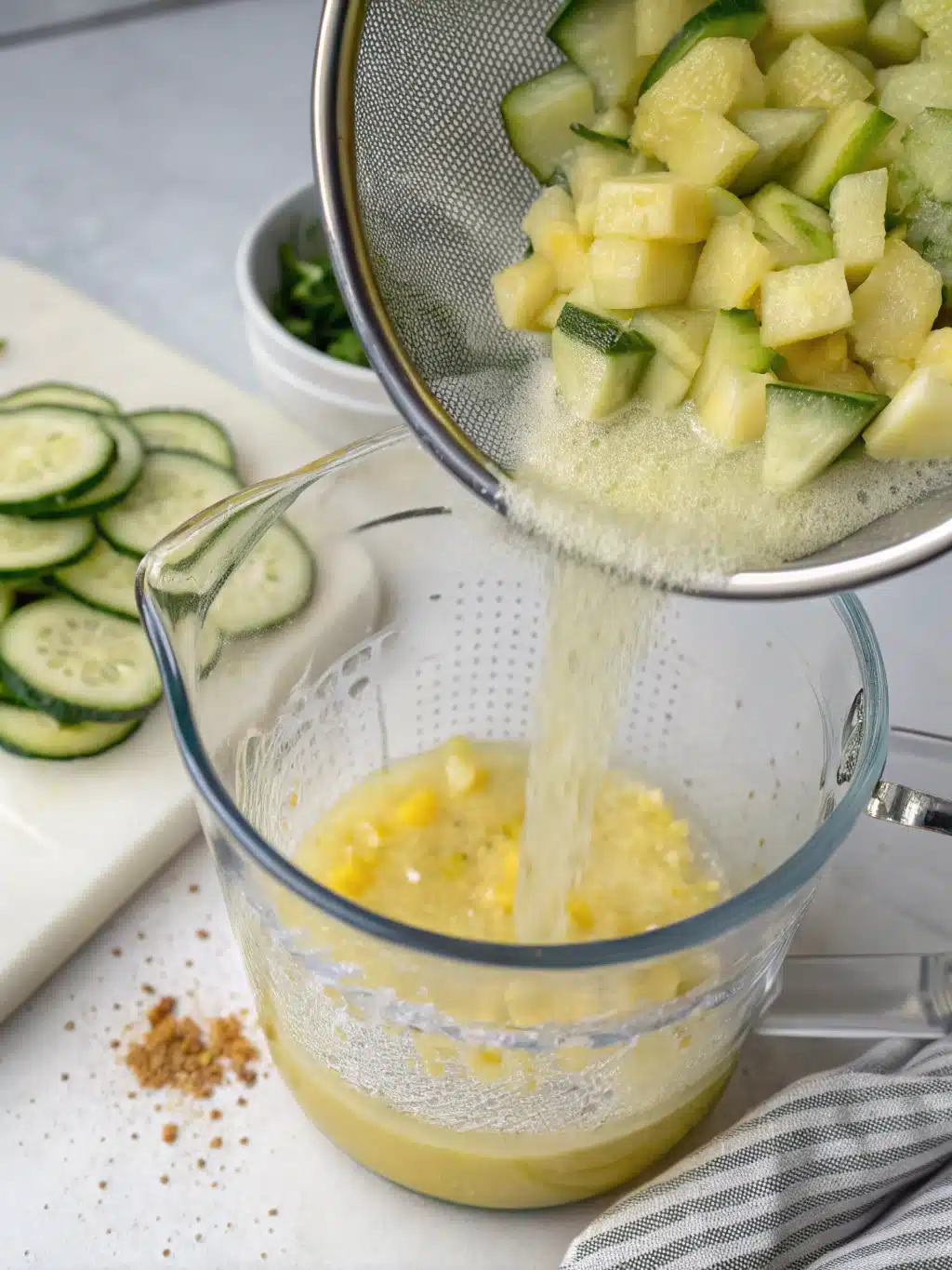 Chilled pineapple cucumber juice ready to drink Finished pineapple cucumber juice recipe served in glasses with ice