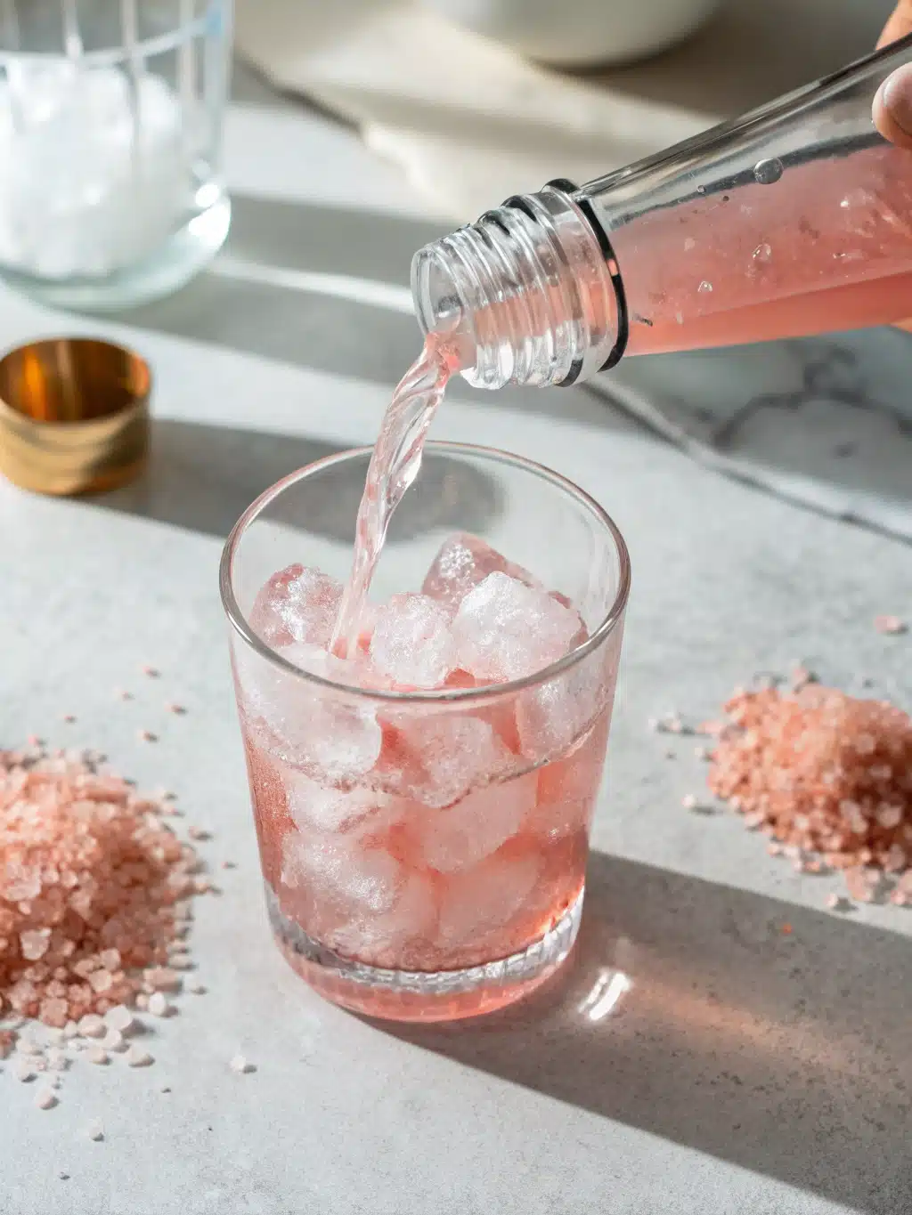 Finished glass of pink Himalayan salt drink with lemon slice garnish