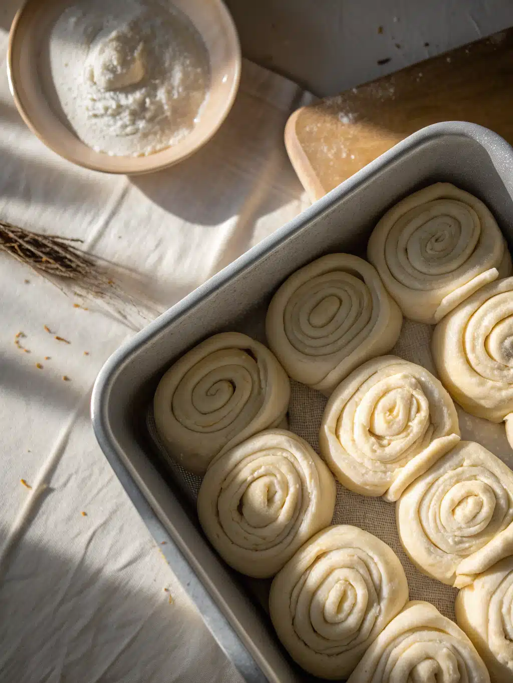 Freshly baked soft dinner rolls in a pan with golden tops