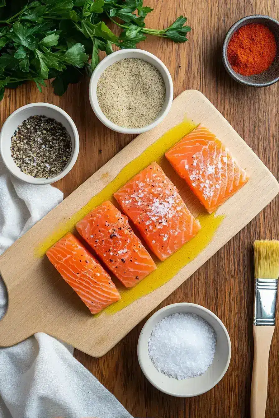 Salmon fillets cooking in air fryer basket